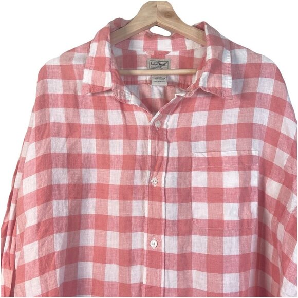 LL Bean Shirt Mens XXLarge 100% Linen Long Sleeve Button Up Plaid Pink Preppy - Picture 2 of 8